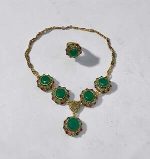Vintage Ottoman Turkish Style Faux Emerald and Ruby Statement Necklace &Ring Set